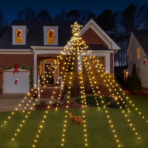 Vista 7 de Luces de árbol de Navidad de 340 LED con estrella superior, IP67, impermeable, control remoto, luces de cascada con poste, 16 modos, 3