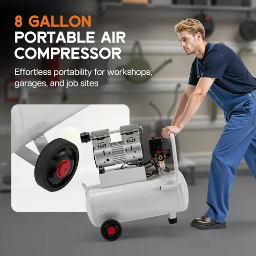 Vista 7 de Albott Compresor de aire de 8 galones con válvula de drenaje automática, tanque de compresor de aire sin aceite de 1.0 HP con ruedas, nivel de ruido
