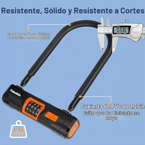 Vista 4 de Candados para bicicleta, antirrobo, combinación de 4 dígitos, combinación reiniciable de 4 dígitos, cerradura grande en forma de U con cable
