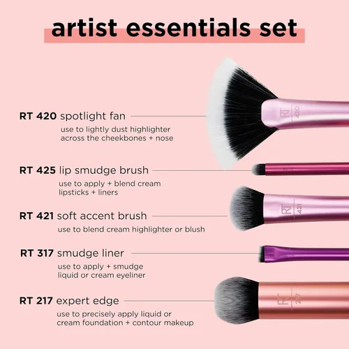 Vista 3 de Real Techniques Artist Essentials Makeup Brush Set, For Foundation,Blush, Highlighter, Eyeshadow, & Liner, Professional Makeup Tools, Synthetic