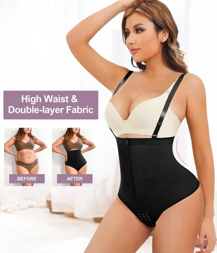 Vista 4 de YERKOAD Tanga sin costuras para mujer, con cremallera, doble control de abdomen, cintura alta, ropa interior adelgazante