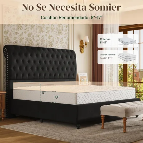 Vista 7 de Jocisland Base de cama Queen de 52.8 pulgadas, cabecera de trineo tapizada Negro