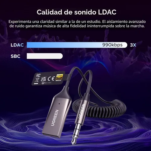 Vista 2 de UGREEN Adaptador auxiliar para automóvil Bluetooth 6.0 con LDAC, adaptador auxiliar de 0.138 in micrófono incorporado, receptor de audio Bluetooth