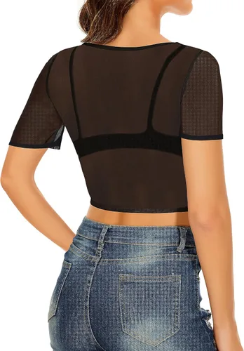 Vista 3 de Blusa de malla transparente para mujer, manga corta, manga larga, entallada, para discoteca