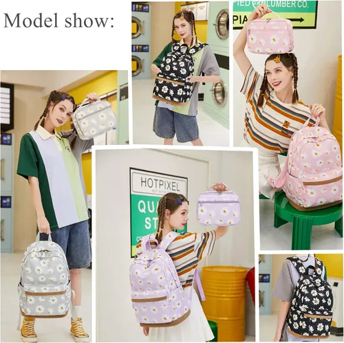 Vista 14 de 3 piezas de mochila con estampado de margaritas para niños, mochila de escuela primaria, mochila para estudiantes de primaria, mochila para Negro