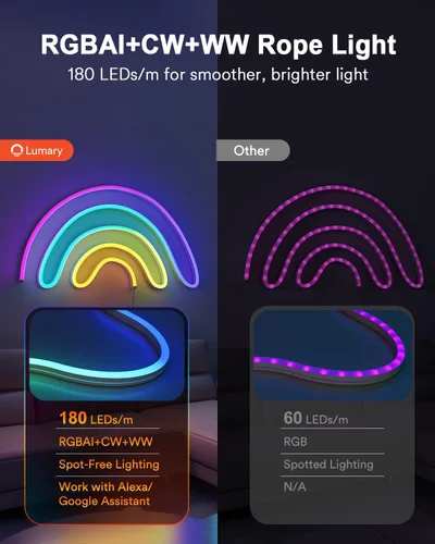 Vista 2 de Lumary Luz inteligente RGBAICW de neón para interiores, luces LED de 9.8 pies para dormitorio, funciona con Alexa/Google Assistant, 180 LEDs/m RGB