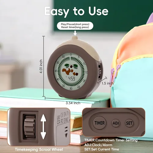 Vista 5 de Temporizador visual para niños, temporizador de ardilla de 299 minutos, temporizador digital con función de pausa, reloj y alarma para aula