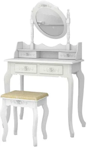 Vista 5 de Juego de tocador blanco para maquillaje y joyería con taburete, 4 cajones, espejo y escritorio de madera de Apontus