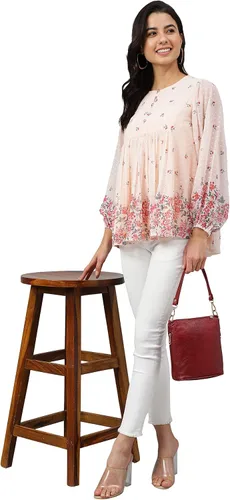 Vista 2 de Janasya Top acampanado con estampado floral Peach Georgette para mujer