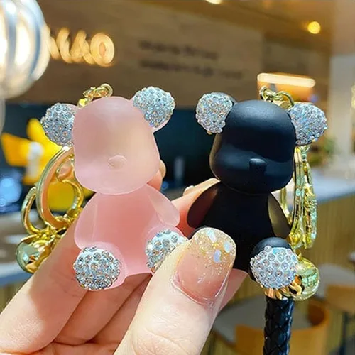 Vista 5 de Lindo llavero de oso de diamantes Kawaii con correa de muñeca para mujer y niña