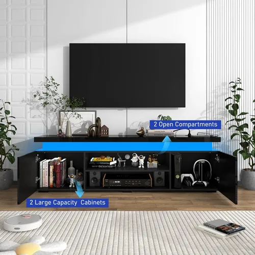 Vista 6 de Hlivelood Soporte de TV LED para TV de 75 pulgadas, moderno soporte de TV con toma de corriente, consola de TV de alto brillo con almacenamiento
