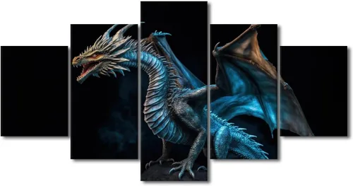 Vista 34 de Lienzo decorativo para pared de sala de estar, lienzo de dragón, 5 paneles, dragón verde, decoración de pared para el hogar, decoración de pared