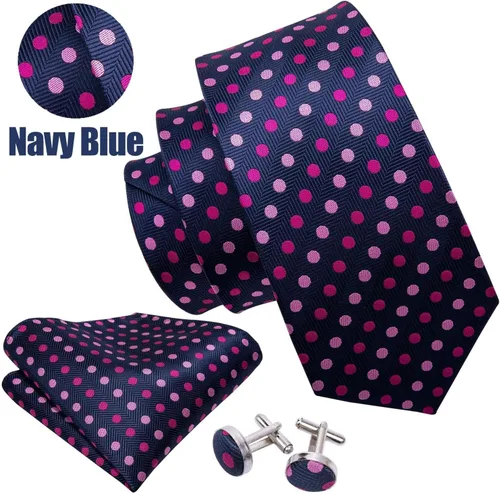 Vista 2 de Barry.Wang Corbatas de seda para hombre, diseño de lunares, gemelos cuadrados de bolsillo, gemelos para negocios, boda