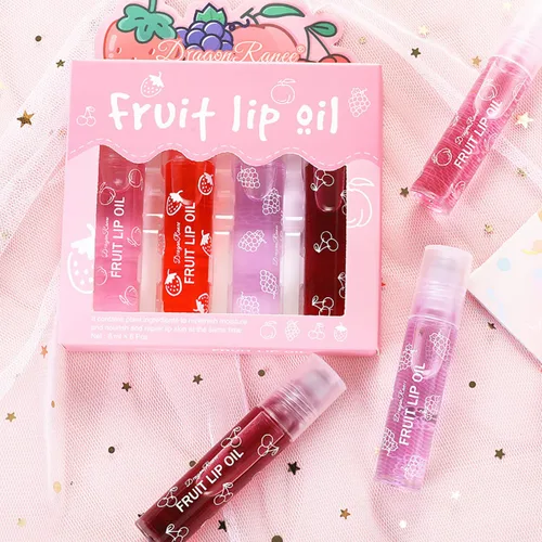 Vista 5 de Juego de 4 brillos de labios enrollables de fruta, brillo de labios transparente, gel de labios líquido, aceite de labios hidratante, no pegajoso