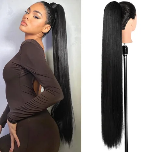 Vista 13 de SEIKEA Extensiones de cola de caballo con cordón, larga y recta, cola de caballo falsa, natural, suave, extensiones de cabello sintético resistente