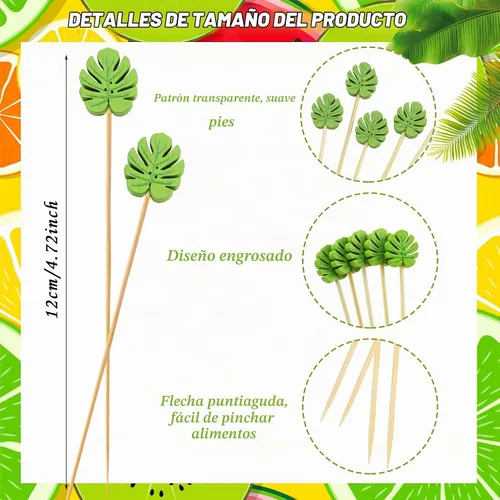 Vista 2 de WILLBOND - 200 púas de cóctel de hojas de Monstera verde para aperitivos