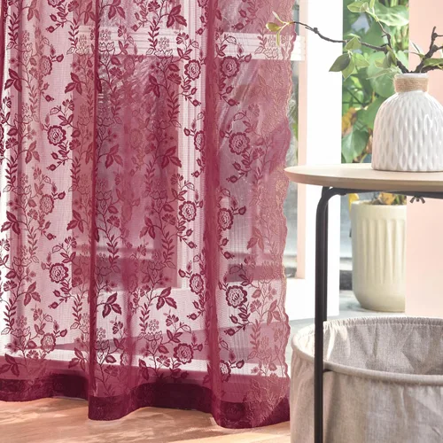 Vista 17 de FINECITY 2 paneles de cortinas de encaje beige de 36 pulgadas de largo con hojas florales rústicas, cortinas cortas y transparentes para ventana