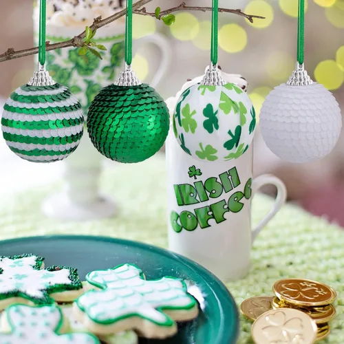 Vista 5 de Bolas colgantes de lentejuelas para el día de San Patricio, adorno de bola de trébol irlandés con purpurina de 1.96 pulgadas, bola colgante