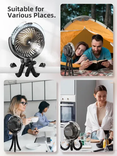 Vista 8 de Ventilador de cochecito nebulizador, ventilador portátil con batería de 6000 mAh con luz y giro de 360°, ventiladores personales con trípode