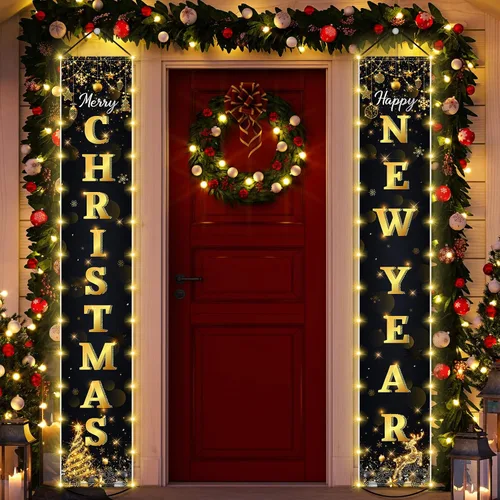 Vista 8 de Irenare Decoraciones de Pancarta de Navidad Iluminada con Luz LED Feliz Navidad Letrero de Porche Frontal Muñeco de Nieve Gnomo Pancarta Colgante