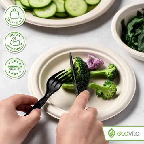 Vista 4 de Ecovita Platos de papel 100 % compostables [7 pulgadas] – 150 platos desechables ecológicos, resistentes, libres de árboles y líquidos y resistentes