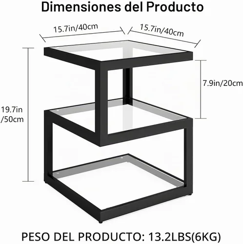 Vista 2 de Mesa auxiliar de vidrio Permory, mesa lateral de 3 niveles con tira de LED, mesa de diseño único en forma de S para sala de estar y dormitorio