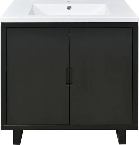 Vista 7 de LUMISOL Tocador de baño de 30 pulgadas con lavabo, armario de almacenamiento de baño negro de madera maciza con dos puertas, tocador de baño moderno