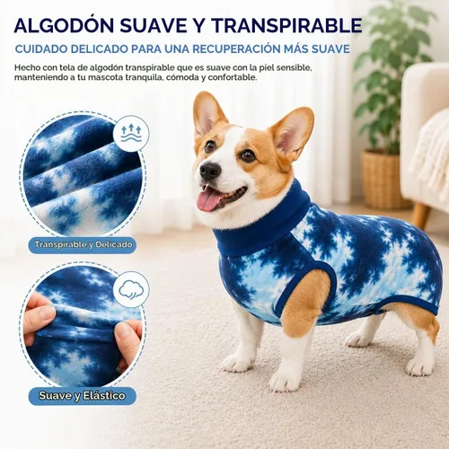 Vista 5 de Traje de recuperación transpirable para perros macho/hembra, mameluco de perro de tie dye azul para heridas abdominales, alternativa a cono y collar