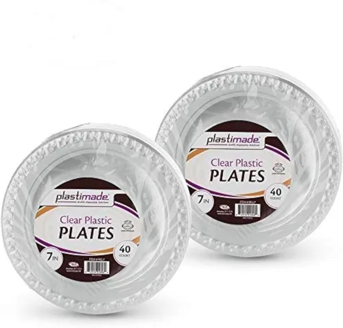 Vista 5 de Platos llanos de 9 pulgadas de plástico transparente, desechable, resistente, ideal para bodas, catering, fiestas, bufés, eventos o uso diario, 1