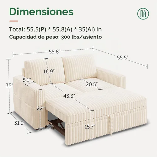 Vista 2 de HONBAY Sofá cama modular extraíble, sofá biplaza de pana, sofás para sala de estar, beige