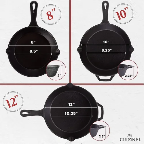 Vista 3 de Juego de sartenes de hierro fundido de Cuisinel + tapas de vidrio – Sartenes de 8, 10 y 12 pulgadas + fundas de mango de silicona. Utensilios
