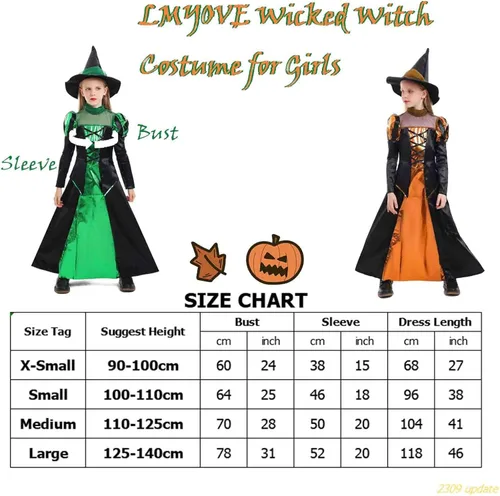 Vista 6 de LMYOVE Disfraz de bruja gótica para niñas, conjunto de disfraz de bruja de Halloween con sombrero