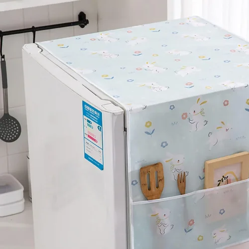 Vista 3 de Funda para refrigerador a prueba de polvo, protector superior de PEVA para lavadora con bolsas de almacenamiento laterales, a prueba de agua