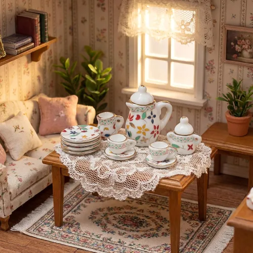 Vista 6 de Sumind Juego de tazas de té de porcelana en miniatura, 15 piezas, juego de porcelana en miniatura, diseño de flores, tetera, tazas, platos