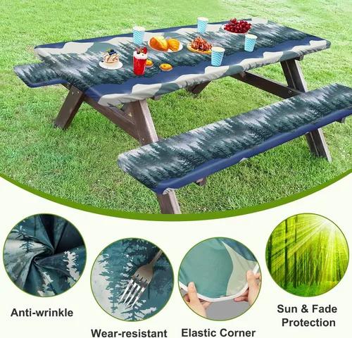 Vista 5 de ICOSY Mantel de picnic con fundas de banco de 30 x 72 pulgadas, resistente al viento, mantel rectangular ajustable para mesas de 6 pies, accesorios