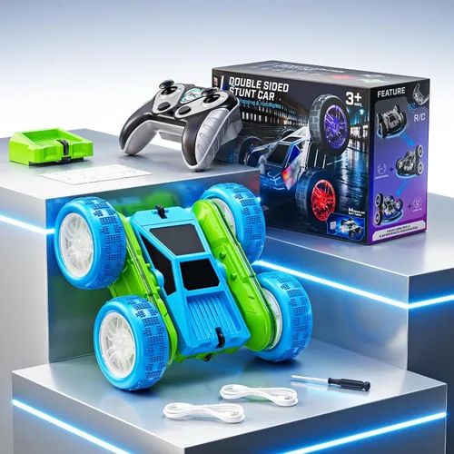 Vista 8 de Auto a control remoto, auto de acrobacias RC de 360° con rotación y giros con carga USB-C, batería modular, 4WD, autos RC con tiras de luces LED