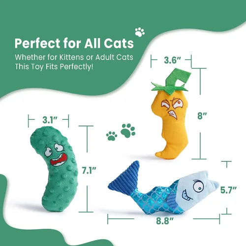 Vista 5 de Juego de 3 juguetes de hierba gatera – Pescado, chile y pepino, juguetes de peluche para gatos de interior, juguetes interactivos naturales rellenos
