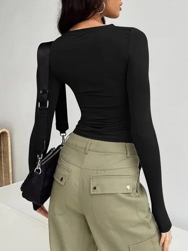Vista 3 de Trendy Queen Camisetas de manga larga para mujer, a la moda, para otoño, 2023, básicas, para entrenamiento, ajustadas, Y2K