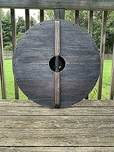 Vista 4 de Escudo vikingo medieval de Ragnar Lothbrok, auténtico escudo vikingo desgastado de batalla del último reino, escudo listo para cosplay totalmente