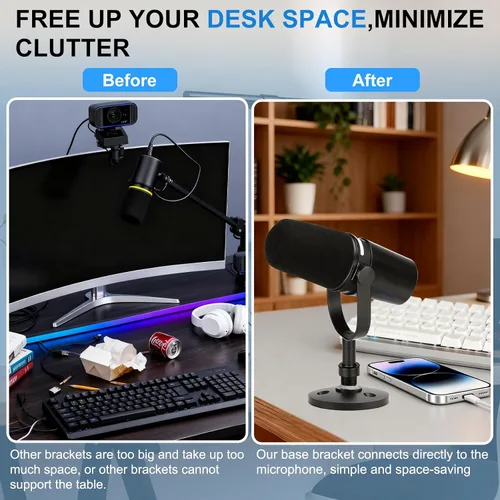 Vista 2 de Soporte de micrófono de escritorio para Shure MV7/MV7+, base de micrófono desmontable de perfil bajo premium con tuerca de bloqueo, soporte