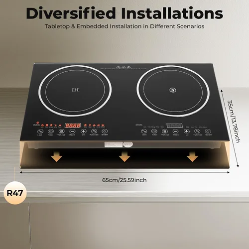 Vista 4 de Cocina de inducción eléctrica – Portátil de 2200 W, 8 niveles de cocina eléctrica de inducción dual para encimera, quemador doble apto para hierro
