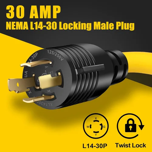 Vista 2 de Cable adaptador de generador RV de 4 clavijas y 30 amperios con mango de agarre, bloqueo giratorio L14-30P macho a hembra 14-50R, STW resistente 10