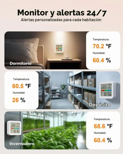 Vista 7 de Lumary Termómetro inteligente higrómetro, WiFi y Bluetooth sensor de humedad de temperatura interior con alerta de aplicación, pantalla LED