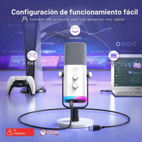 Vista 3 de FIFINE XLR/USB Micrófono para juegos de Gaming para transmisiones y podcasting, micrófono RGB para PC, con perilla de ganancia, botón de silencio
