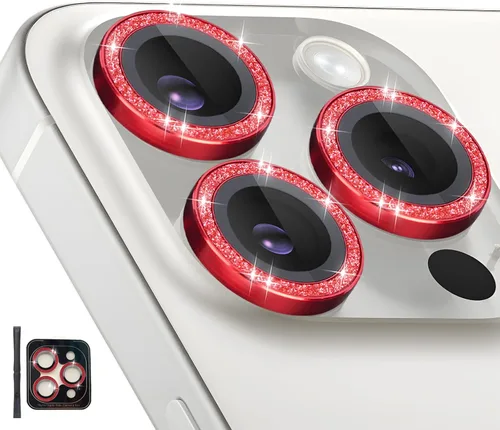Vista 25 de Protector de lente de cámara para iPhone 15 Pro/15 Pro Max, protector de lente de anillo de cámara de vidrio templado individual con bandeja