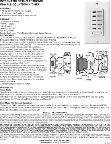 Vista 3 de Temporizador electrónico con autoapagado, cuenta regresiva, empotrado en pared, EI200 5/10/15/30 minutos, marfil, de Intermatic, EI210W, 120 volts