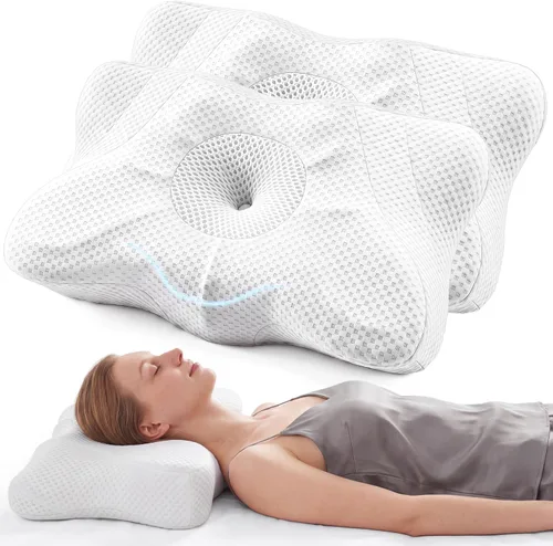 Vista 9 de OLIXIS Almohada cervical de contorno para aliviar el dolor de cuello, ergonómica de doble altura Azul