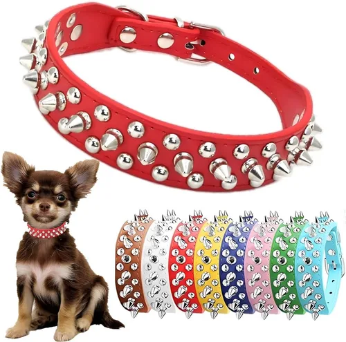Vista 10 de Collar de perro con púas para perros pequeños, a prueba de masticación, collar de púas para perros y gatos, de piel sintética, con remaches