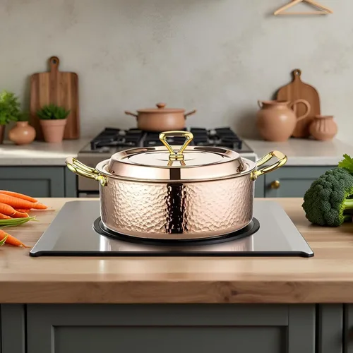 Vista 7 de YJX olla de 4.2QT con tapa martilleada, oro rosa de cobre, acero inoxidable tricapa, utensilio de cocina multifuncional para hornear, asar, guisar