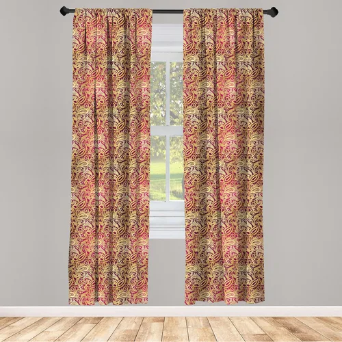 Vista 2 de Ambesonne Cortinas amarillas de damasco, estilo oriental oriental dibujadas a mano, patrón de hojas de cachemira repetidas, tratamientos de ventana